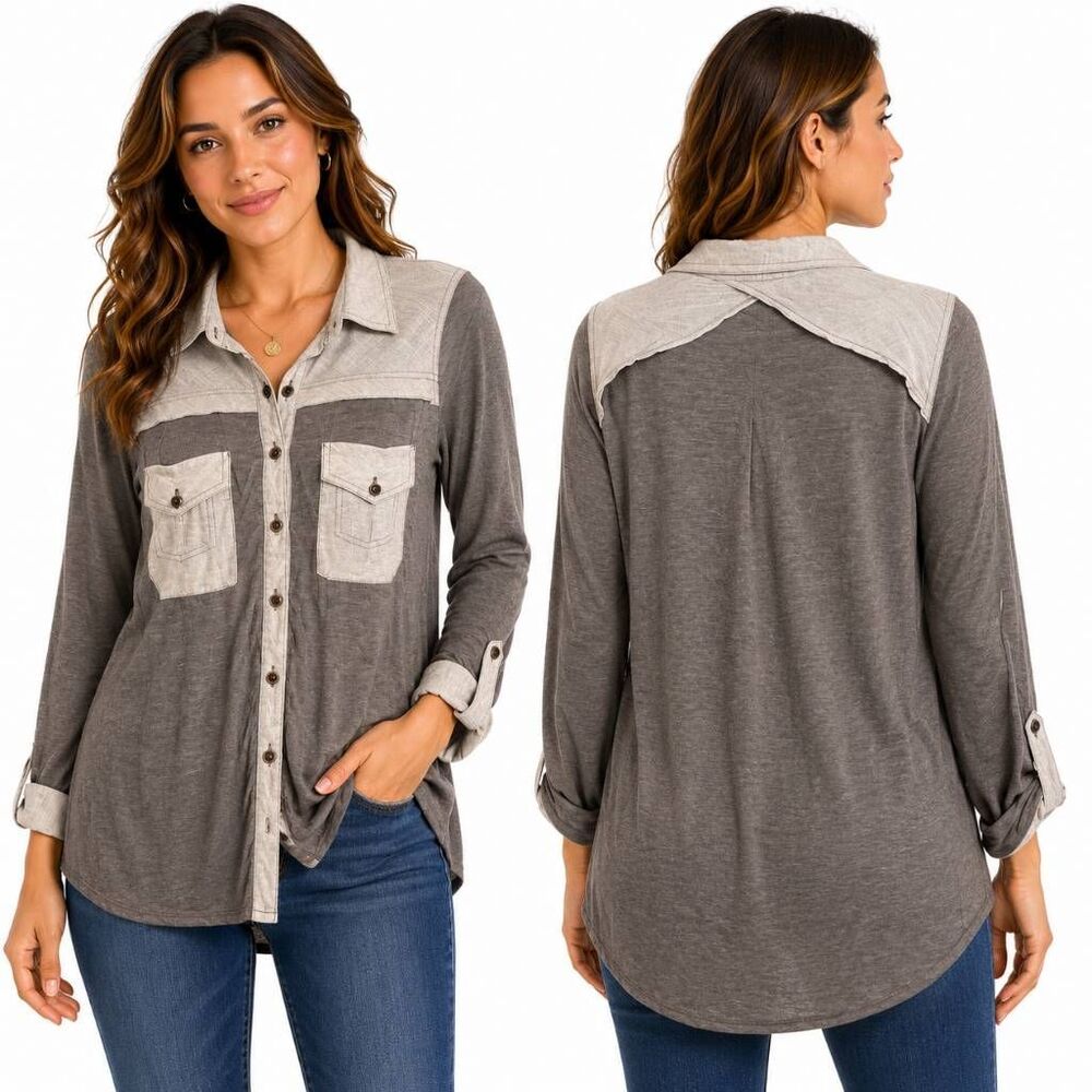 Langtry Taupe Colorblock Button Blouse Womens L